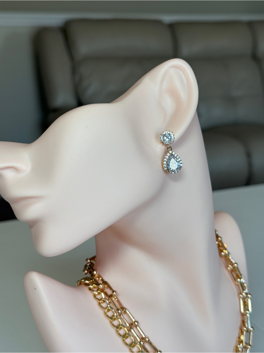 Gold Teardrop Drop Earrings With Cubic Zirconia
